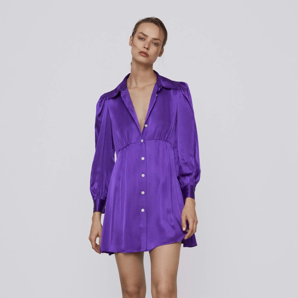 ZARA Purple Satin Effect Rhinestone Button Dress